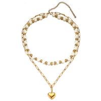 Multi Layer Necklace, 304 Stainless Steel, with Plastic Pearl, with 3.94inch extender chain, Heart, Vacuum Ion Plating, Double Layer & fashion jewelry & for woman, more colors for choice, Length:Approx 13.78 Inch, Approx 17.72 Inch, Sold By PC