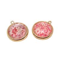 Brass Jewelry Pendants with Dried Flower Round gold color plated DIY & epoxy gel nickel lead & cadmium free Sold By Lot