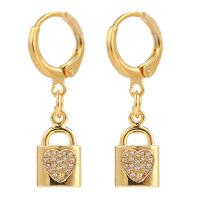 Huggie Hoop Drop Earring Brass Lock gold color plated micro pave cubic zirconia & for woman Sold By Pair