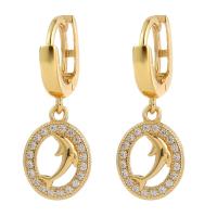 Huggie Hoop Drop Earring, Brass, Dolphin, gold color plated, micro pave cubic zirconia & for woman & hollow, 12x30mm, Sold By Pair