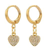 Huggie Hoop Drop Earring, Brass, Heart, gold color plated, micro pave cubic zirconia & for woman, 12x26mm, Sold By Pair