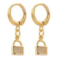 Huggie Hoop Drop Earring, Brass, Lock, gold color plated, micro pave cubic zirconia & for woman, 12x28mm, Sold By Pair