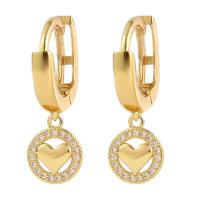Huggie Hoop Drop Earring Brass Heart gold color plated micro pave cubic zirconia & for woman & hollow Sold By Pair