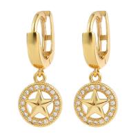 Huggie Hoop Drop Earring Brass pentagram gold color plated micro pave cubic zirconia & for woman & hollow Sold By Pair