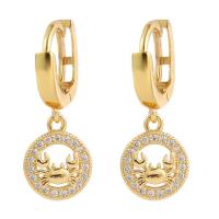 Huggie Hoop Drop Earring Brass Crab gold color plated micro pave cubic zirconia & for woman & hollow Sold By Pair