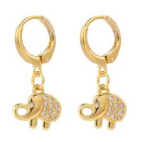 Huggie Hoop Drop Earring, Brass, Elephant, gold color plated, micro pave cubic zirconia & for woman, 13x27mm, Sold By Pair