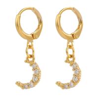 Huggie Hoop Drop Earring Brass Moon gold color plated micro pave cubic zirconia & for woman Sold By Pair