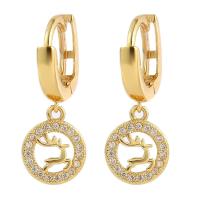 Huggie Hoop Drop Earring, Brass, Deer, gold color plated, micro pave cubic zirconia & for woman & hollow, 12x27mm, Sold By Pair