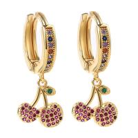 Huggie Hoop Drop Earring Brass Cherry gold color plated micro pave cubic zirconia & for woman multi-colored 27mm Sold By Pair