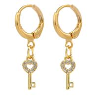 Huggie Hoop Drop Earring, Brass, Key, gold color plated, micro pave cubic zirconia & for woman, 12x30mm, Sold By Pair