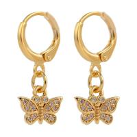 Huggie Hoop Drop Earring, Brass, Butterfly, gold color plated, micro pave cubic zirconia & for woman, 12x25mm, Sold By Pair