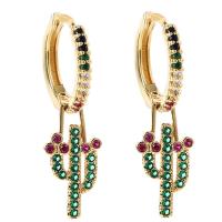 Huggie Hoop Drop Earring, Brass, Opuntia Stricta, gold color plated, micro pave cubic zirconia & for woman, multi-colored, 33mm, Sold By Pair