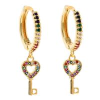 Huggie Hoop Drop Earring Brass Key gold color plated micro pave cubic zirconia & for woman multi-colored 30mm Sold By Pair