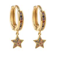 Huggie Hoop Drop Earring, Brass, Star, gold color plated, micro pave cubic zirconia & for woman, multi-colored, 27mm, Sold By Pair