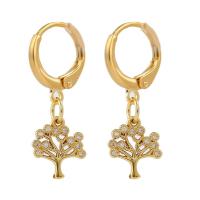Huggie Hoop Drop Earring Brass Tree gold color plated micro pave cubic zirconia & for woman Sold By Pair