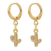 Huggie Hoop Drop Earring Brass Opuntia Stricta gold color plated micro pave cubic zirconia & for woman Sold By Pair
