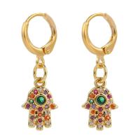 Huggie Hoop Drop Earring Brass Hand gold color plated micro pave cubic zirconia & for woman multi-colored Sold By Pair