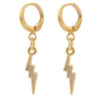 Huggie Hoop Drop Earring Brass Lightning Symbol gold color plated micro pave cubic zirconia & for woman Sold By Pair