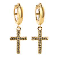 Huggie Hoop Drop Earring Brass Cross gold color plated micro pave cubic zirconia & for woman 30mm Sold By Pair
