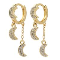 Huggie Hoop Drop Earring Brass Moon gold color plated micro pave cubic zirconia & for woman 34mm Sold By Pair