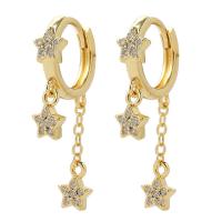 Huggie Hoop Drop Earring Brass Star gold color plated micro pave cubic zirconia & for woman 32mm Sold By Pair