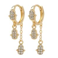 Huggie Hoop Drop Earring Brass Hand gold color plated micro pave cubic zirconia & for woman 34mm Sold By Pair
