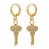 Huggie Hoop Drop Earring Brass Key gold color plated micro pave cubic zirconia & for woman Sold By Pair