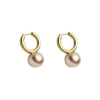 Huggie Hoop Drop Earring, Brass, with Plastic Pearl, 18K gold plated, fashion jewelry & for woman, more colors for choice, nickel, lead & cadmium free, 30mm, Sold By Pair