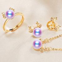 Brass Jewelry Set Stud Earring & pendant & finger ring with Plastic Pearl brass post pin real gold plated for woman & with rhinestone mixed colors Sold By Set