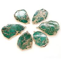 Natural Imperial Jasper Pendants Impression Jasper with Brass irregular gold color plated Unisex green 20x45- Sold By PC