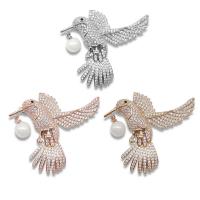 Brass Brooch, with Plastic Pearl, Bird, micro pave cubic zirconia & for woman, more colors for choice, 45x52mm, Sold By PC