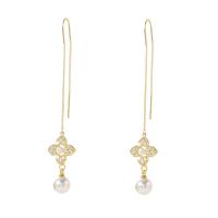 Brass Thread Through Earrings, with Plastic Pearl, fashion jewelry & micro pave cubic zirconia & for woman, golden, nickel, lead & cadmium free, 80x15mm, Sold By Pair