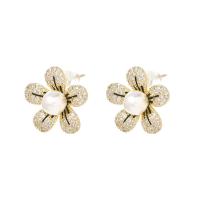 Brass Stud Earring with Plastic Pearl Flower gold color plated fashion jewelry & micro pave cubic zirconia & for woman nickel lead & cadmium free Sold By Pair