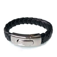 cuir PU bracelet, avec Acier inoxydable 304, Rond, Placage de couleur argentée, bijoux de mode & pour homme, noire, Longueur:8.46 pouce, Vendu par PC