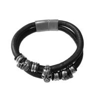 Искусственная кожа браслет, с Нержавеющая сталь 304, Круглая, плакирован серебром, ювелирные изделия моды & Мужский, черный, длина:8.66 дюймовый, продается PC