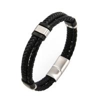 cuir PU bracelet, avec Acier inoxydable 304, Rond, Placage de couleur argentée, bijoux de mode & pour homme, noire, Longueur:Environ 9.45 pouce, Vendu par PC