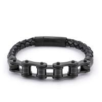cuir PU bracelet, avec Acier inoxydable 304, Rond, Placage de couleur noire de plumbum, bijoux de mode & pour homme, noire, Longueur:21 cm, Vendu par PC