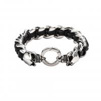 Titanium Steel Bracelet, with PU Leather, Round, silver color plated, fashion jewelry & for man, black, Length:22 cm, Sold By PC