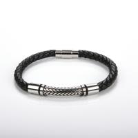 PU Leather Cord Bracelets, with 304 Stainless Steel, Round, silver color plated, fashion jewelry & Unisex, black, Length:21 cm, Sold By PC