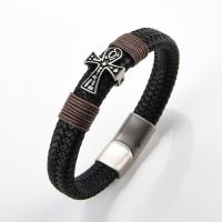cuir PU bracelet, avec Acier inoxydable 304, Rond, Placage de couleur argentée, bijoux de mode & normes différentes pour le choix & pour homme, noire, Vendu par PC