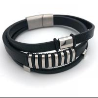 cuir PU bracelet, avec Acier inoxydable 304, Rond, Placage de couleur argentée, bijoux de mode & pour homme, noire, Longueur:21.5 cm, Vendu par PC