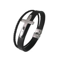 cuir PU bracelet, avec Acier inoxydable 304, Rond, Placage de couleur argentée, bijoux de mode & pour homme, noire, Longueur:22 cm, Vendu par PC