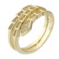 Латунь Манжеты палец кольцо, плакирован золотом, Регулируемый & инкрустированное микро кубического циркония, размер:6.5, продается PC