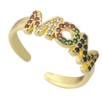 Латунь Манжеты палец кольцо, плакирован золотом, Регулируемый & инкрустированное микро кубического циркония & отверстие, разноцветный, размер:7.5, продается PC
