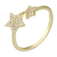 Mässing Cuff finger ring, Star, guldfärg pläterade, Justerbar & micro bana cubic zirconia, Hål:Ca 2mm, Storlek:8, Säljs av PC