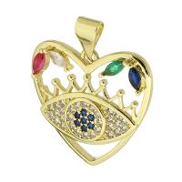 Cubic Zirconia Micro Pave Brass Pendant, Heart, gold color plated, with eye pattern & micro pave cubic zirconia & hollow, multi-colored, 21.50x21x4mm, Hole:Approx 2mm, Sold By PC