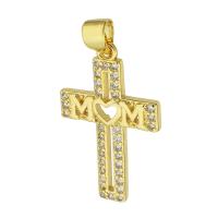 Brass Pendant, Cross, gold color plated, micro pave cubic zirconia & hollow, 15x24x2mm, Hole:Approx 3mm, Sold By PC