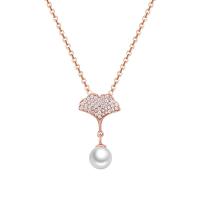 Titanium Steel Necklace with Plastic Pearl with 1.97inch extender chain Ginkgo Leaf fashion jewelry & for woman & with rhinestone rose gold color Length Approx 17.72 Inch Sold By PC