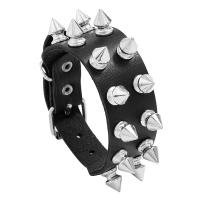 Przewód bransoletki PU, ze Plastik ABS & żelazo, Koło, Platerowane w kolorze srebra, biżuteria moda & dla obu płci, czarny, 258x26mm, sprzedane przez PC
