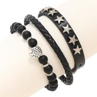 Cowhide Bracelet Set with Glass Beads & PU Leather & Zinc Alloy Round silver color plated three pieces & fashion jewelry & Unisex black 210mm 50-60mm 240mm Sold By Set
